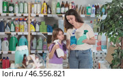 Woman with child family select and studies label multisurface cleaner spray. Стоковое видео, видеограф Яков Филимонов / Фотобанк Лори