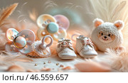 Delightful baby accessories arranged on a soft background with a teddy bear and pacifiers on a cozy surface. Стоковое AI-изображение, AI-художник Сергей Толмачёв / Фотобанк Лори