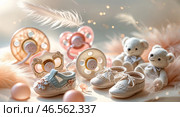 Decorative baby items including pacifiers, shoes, and teddy bears arranged among soft pink feathers. Стоковое AI-изображение, AI-художник Сергей Толмачёв / Фотобанк Лори