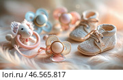 Baby accessories display featuring pacifiers, booties, and a toy lamb in a pastel-themed arrangement. Стоковое AI-изображение, AI-художник Сергей Толмачёв / Фотобанк Лори