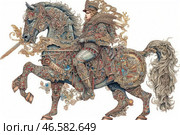 A luxurious knight riding a magnificently decorated horse. The warrior's armor and horse harness are richly decorated with patterns, ornaments and precious elements. The weapon in his hand is an elegant sword with carved gold details. The horse looks powerful and noble, its mane and tail fluttering, emphasizing the dynamism of the scene. The overall style of the work is reminiscent of Baroque or Art Nouveau with the finest detailing, complex interweaving of lines and fantastic elements. The color palette includes rich gold, blue and red shades, creating the effect of royal luxury. Стоковое AI-изображение, AI-художник Анна Кривицкая / Фотобанк Лори