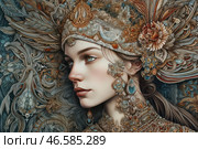 A young woman in a luxurious headdress reminiscent of the traditional Russian kokoshnik, decorated with many precious stones, pearls and complex patterns. Her gaze is calm and majestic, and her delicate facial features emphasize the nobility and elegance of the image. The background is made in a stylized decorative manner, intertwined with motifs of ornaments and natural elements. The woman's outfit is decorated with jewelry, including earrings, necklaces and details reflecting the richness of cultural traditions. Стоковое AI-изображение, AI-художник Анна Кривицкая / Фотобанк Лори