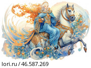 A magical fantasy painting depicting a majestic rider on a white horse. The woman is dressed in luxurious blue robes with golden patterns, and her long silver hair flutters in the wind. In one hand, she holds a staff topped with a flame, symbolizing magic and power. The horse is decorated with exquisite harness and looks graceful and powerful. The background is done in a light watercolor style, filled with curls of air, flowers and patterns, creating a sense of fairy tale and movement. The composition symbolizes power, nobility and magical might. Стоковое AI-изображение, AI-художник Анна Кривицкая / Фотобанк Лори