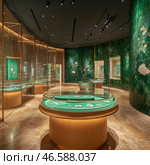 A luxury jewelry boutique with an elegant interior. The central elements of the composition are jewelry display cases, located on circular tables with transparent glass covers. The display cases and walls are decorated in green and gold tones, creating a sense of wealth and exclusivity.The green marble background with graceful gold patterns gives the room an aristocratic and sophisticated style. Ceiling lighting highlights the exhibits, emphasizing the shine of precious stones and jewelry. Стоковое AI-изображение, AI-художник Анна Кривицкая / Фотобанк Лори