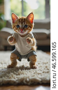 A red-haired kitten in a T-shirt and shorts walks along a light carpet against the background of a window and a sofa, preparing for morning exercises. Стоковое AI-видео, аниматор Неведицына Елена / Фотобанк Лори