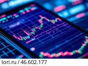 График японских свечей на экране смартфона, на современном ярком фоне. Торговля криптовалютой. Инвестиции в криптовалюту. Цифровые инвестиции. Стоковое AI-изображение, AI-художник Sergei Gorin / Фотобанк Лори