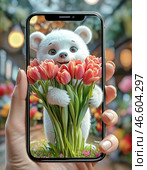 A polar bear gives a bouquet of bright tulips, holding them out from the screen of a smartphone. March 8 is International Women's Day. Banner, postcard. Стоковое AI-изображение, AI-художник Сергей Елизарьев / Фотобанк Лори