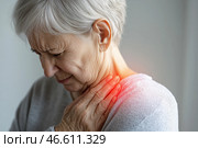 Thyroid cancer, gland inflammation, elderly woman with pain in neck, sore throat and cough. Стоковое AI-изображение, AI-художник Станислав Тарко / Фотобанк Лори