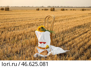 Романтический пикник с вкусной едой и вином, украшенный подсолнухами, стулом и белой тканью на убранном поле. Стоковое фото, фотограф Pixel_shot / Фотобанк Лори