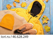 Стильная куртка, свитер, шляпа, туфли и осенние листья на цветном деревянном фоне. Стоковое фото, фотограф Pixel_shot / Фотобанк Лори