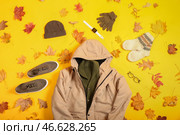 Стильная куртка, свитер, туфли, шляпа, умные часы, перчатки, носки и осень на цветном фоне. Стоковое фото, фотограф Pixel_shot / Фотобанк Лори