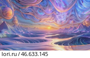 Vibrant Cosmic Landscape With Ethereal Colors and Flowing Rivers at Dawn Over a Majestic Mountain Range. Стоковое AI-видео, аниматор Оксана Медведева / Фотобанк Лори