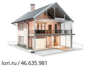 Modern glass-fronted house design merges elegance and comfort in a serene environment. Стоковое AI-изображение, AI-художник Михаил Коханчиков / Фотобанк Лори