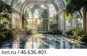 Lush greenery fills a sunlit conservatory with tropical plants and serene water features during a tranquil morning. Стоковое AI-изображение, AI-художник Михаил Коханчиков / Фотобанк Лори