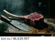 Сырой говяжий стейк Томагавк с розмарином и специями на деревянной доске, вид сбоку. Стоковое AI-изображение, AI-художник Максим Коломыченко / Фотобанк Лори