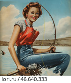 Retro illustration in the style of American advertising from the 1950s. The image shows a young woman with neatly coiffed hair and a bright smile, sitting on a wooden boat or dock. She is wearing a short-sleeved plaid shirt, a red waterproof apron and blue jeans. She is holding a fishing rod in her hands, and, apparently, she has just caught a fish. The background includes a blue sky with clouds and a pond with a reflection of the landscape. The illustration is done in bright colors with a glossy effect, typical of vintage advertising posters. Стоковое AI-изображение, AI-художник Анна Кривицкая / Фотобанк Лори
