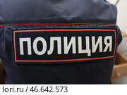 Нашивка с надписью "Полиция" на спине сотрудника правоохранительных органов. Стоковое фото, фотограф Дмитрий Ягодкин / ТАСС / Фотобанк Лори