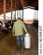 Rear view of farmer carrying milk churn along stalls with cows. Стоковое фото, фотограф Яков Филимонов / Фотобанк Лори