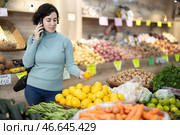 Woman talks on a mobile phone while shopping for fruits and vegetables in grocery supermarket. Стоковое фото, фотограф Яков Филимонов / Фотобанк Лори