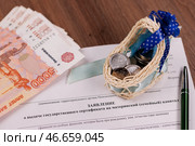 Бланк заявления о выдаче государственного сертификата на материнский (семейный) капитал, ручка, игрушечная люлька с монетами и пачка банкнот номиналом 5000 российских рублей. Стоковое фото, фотограф Сергей Елагин/Бизнес Online / ТАСС / Фотобанк Лори