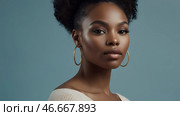 Beautiful portrait of a natural African-American girl on a neutral blue background. Cosmetology, skin care, facial care and makeup. Стоковое AI-изображение, AI-художник Photojuli / Фотобанк Лори