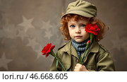 The concept of the May 9th holiday. Portrait of a beautiful girl in khaki clothes with red carnation flowers. Celebration of Victory Day 1941-1945. Стоковое AI-изображение, AI-художник Photojuli / Фотобанк Лори