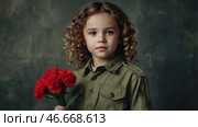 The concept of the May 9th holiday. Portrait of a beautiful girl in khaki clothes with red carnation flowers. Celebration of Victory Day 1941-1945. Стоковое AI-изображение, AI-художник Photojuli / Фотобанк Лори