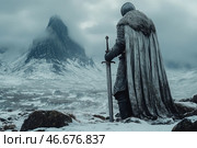 A lone knight in massive armor standing on a snowy field in front of a majestic mountain shrouded in fog. He holds a sword resting on the ground, and his long fur-trimmed cloak flutters in the wind. The atmosphere of the frame conveys a sense of epicness, loneliness and determination. Dark, cold tones emphasize the severity of the surrounding nature and the possible difficulties that this warrior has faced. The picture is reminiscent of scenes from fantasy epics and medieval legends. Стоковое AI-изображение, AI-художник Анна Кривицкая / Фотобанк Лори