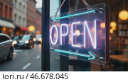 Bright neon Open sign with blue neon arrows. Sign changes color on door or window of store, restaurant, club or cafe in evening and at night. Catering establishment on popular city street. Стоковое AI-видео, аниматор Ирина / Фотобанк Лори