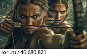 Amazon, Young female archer in jungle. Стоковое AI-изображение, AI-художник Михаил Коханчиков / Фотобанк Лори