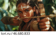 Amazon, Young female archer in jungle. Стоковое AI-изображение, AI-художник Михаил Коханчиков / Фотобанк Лори