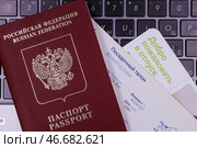Заграничный паспорт гражданина Российской Федерации и посадочный талон. Стоковое фото, фотограф Сергей Булкин/NEWS.ru / ТАСС / Фотобанк Лори