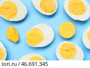 Половинки вкусных отваренных яиц на голубом фоне. Стоковое фото, фотограф Pixel_shot / Фотобанк Лори