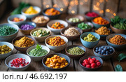 Colorful display of spices and herbs arranged in bowls on wooden surface with festive lights in the background. Стоковое AI-изображение, AI-художник Сергей Толмачёв / Фотобанк Лори
