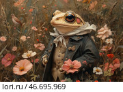 An anthropomorphic frog dressed in elegant period costume in the style of the 19th century. She wears a dark tailcoat with gold buttons and decorations, as well as a cream waistcoat and a white neckerchief, gently fluttering in the wind. The frog holds a flower in its paw, and around it lies a romantic meadow filled with delicate wildflowers - poppies, daisies and other plants in warm shades of pink, white and cream. In the background, a small bird sits among the grasses, creating an atmosphere of idyllic solitude. The painting is done in the style of classical painting with soft, velvety colors and vintage texture. Стоковое AI-изображение, AI-художник Анна Кривицкая / Фотобанк Лори
