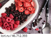 Миска с различными сублимированными ягодами и ложки на сером фоне. Стоковое фото, фотограф Pixel_shot / Фотобанк Лори