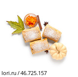 Кусочки вкусного тыквенного штруделя с корицей, звездчатым анисом и осенним листом на белом фоне. Стоковое фото, фотограф Pixel_shot / Фотобанк Лори