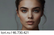 Beautiful portrait of a natural girl on a neutral blue background. Cosmetology, skin care, facial care and makeup. Стоковое AI-изображение, AI-художник Photojuli / Фотобанк Лори