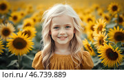 Blooming summer. Portrait of a beautiful curly-haired girl in a yellow dress on the background of a blooming field of sunflowers. The girl smiles and looks at the camera. Стоковое AI-изображение, AI-художник Photojuli / Фотобанк Лори