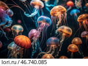 Scuba diving. Diving. Colorful jellyfish swim in tropical waters. A jellyfish in the underwater world of wild animals. Ocean wildlife watching. Стоковое AI-изображение, AI-художник Photojuli / Фотобанк Лори