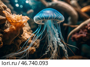 Scuba diving. Diving. Colorful jellyfish swim in tropical waters. A jellyfish in the underwater world of wild animals. Ocean wildlife watching. Стоковое AI-изображение, AI-художник Photojuli / Фотобанк Лори