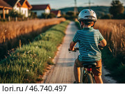 A cheerful little boy rides a bicycle in a helmet outdoors. A happy child is engaged in an active sport. Protection. Life insurance and child safety. Стоковое AI-изображение, AI-художник Photojuli / Фотобанк Лори