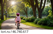 A cheerful girl in a pink dress rides a bicycle in a helmet in the park. A happy child is engaged in an active sport. Protection. Life insurance and child safety. Стоковое AI-изображение, AI-художник Photojuli / Фотобанк Лори