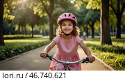 A cheerful girl in a pink dress rides a bicycle in a helmet in the park. A happy child is engaged in an active sport. Protection. Life insurance and child safety. Стоковое AI-изображение, AI-художник Photojuli / Фотобанк Лори