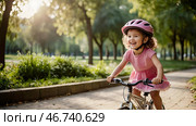 A cheerful girl in a pink dress rides a bicycle in a helmet in the park. A happy child is engaged in an active sport. Protection. Life insurance and child safety. Стоковое AI-изображение, AI-художник Photojuli / Фотобанк Лори