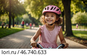 A cheerful girl in a pink dress rides a bicycle in a helmet in the park. A happy child is engaged in an active sport. Protection. Life insurance and child safety. Стоковое AI-изображение, AI-художник Photojuli / Фотобанк Лори
