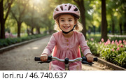 A cheerful girl in a pink dress rides a bicycle in a helmet in the park. A happy child is engaged in an active sport. Protection. Life insurance and child safety. Стоковое AI-изображение, AI-художник Photojuli / Фотобанк Лори