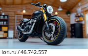 Sleek black motorcycle showcased in modern workshop setting. AI generated. Стоковое AI-изображение, AI-художник Katsiaryna Repich / Фотобанк Лори