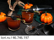 Бокалы с вкусным коктейлем с ежевикой и тыквой для Хэллоуина на темном фоне, крупным планом. Стоковое фото, фотограф Pixel_shot / Фотобанк Лори