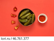 Композиция с вкусными квашенными огурцами в миске и специями на красном фоне. Стоковое фото, фотограф Pixel_shot / Фотобанк Лори